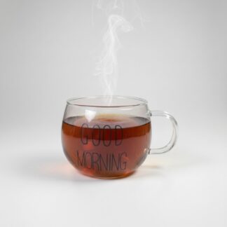 Classic Black Letter Good Morning Glass Tea Cup with Lid and Handle Clear Crystal Drinking Mug for Espresso Cappuccino and Herbal Tea Insulated Glassware for Hot Drinks and Cold Be