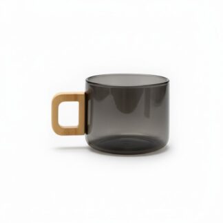 Stylish Smoky Grey Glass Mug Featuring Unique Geometric Wooden Handle, Sustainable Borosilicate Glassware for Daily Cereal, Milk, and Herbal Tea, Thermal Shock Resistant Constructi