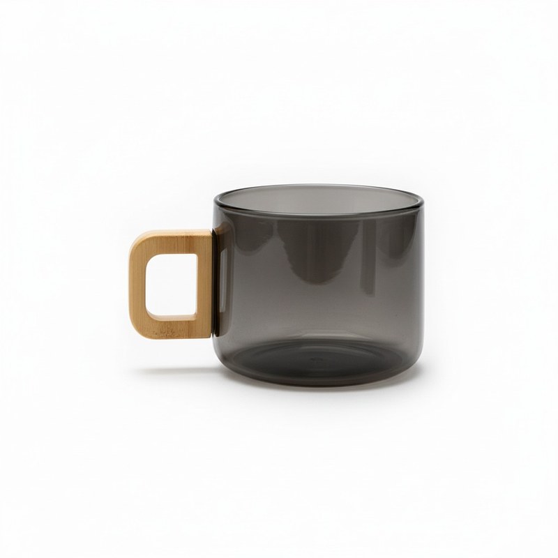 Stylish Smoky Grey Glass Mug Featuring Unique Geometric Wooden Handle, Sustainable Borosilicate Glassware for Daily Cereal, Milk, and Herbal Tea, Thermal Shock Resistant Constructi