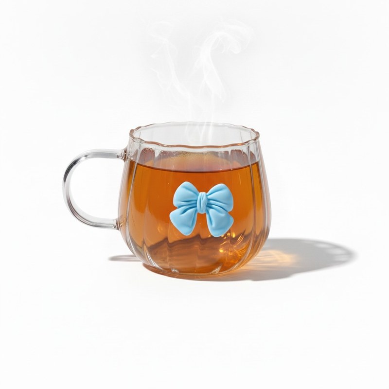 Sophisticated Japanese Pumpkin Design Glass Mug with Blue Bowknot Detail 450ml Clear Borosilicate Glassware for Drinking Milk Coffee Herbal Tea and Smoothies High Visibility Aesthe