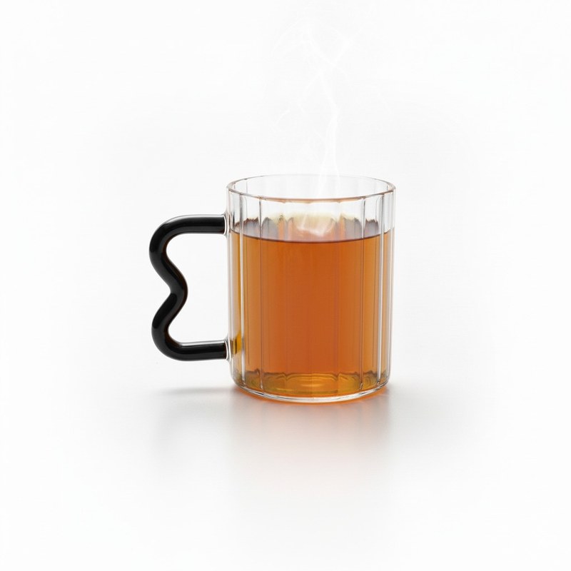Clear Ribbed Glass Coffee Mug 370ml with Black Curved Wavy Handle Heat Resistant Borosilicate Material Fluted Texture Tea Cup Aesthetic Modern Glassware Perfect for Latte Art Herba