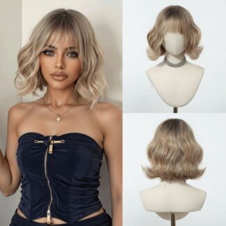 Sweet Ombre Honey Brown Synthetic Wigs Lolita Wig Heat Resistant Short Wavy BOBO Wig Natural Fluffy Fake Hair With Bangs For Women