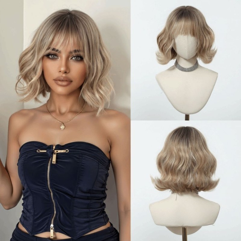 Sweet Ombre Honey Brown Synthetic Wigs Lolita Wig Heat Resistant Short Wavy BOBO Wig Natural Fluffy Fake Hair With Bangs For Women