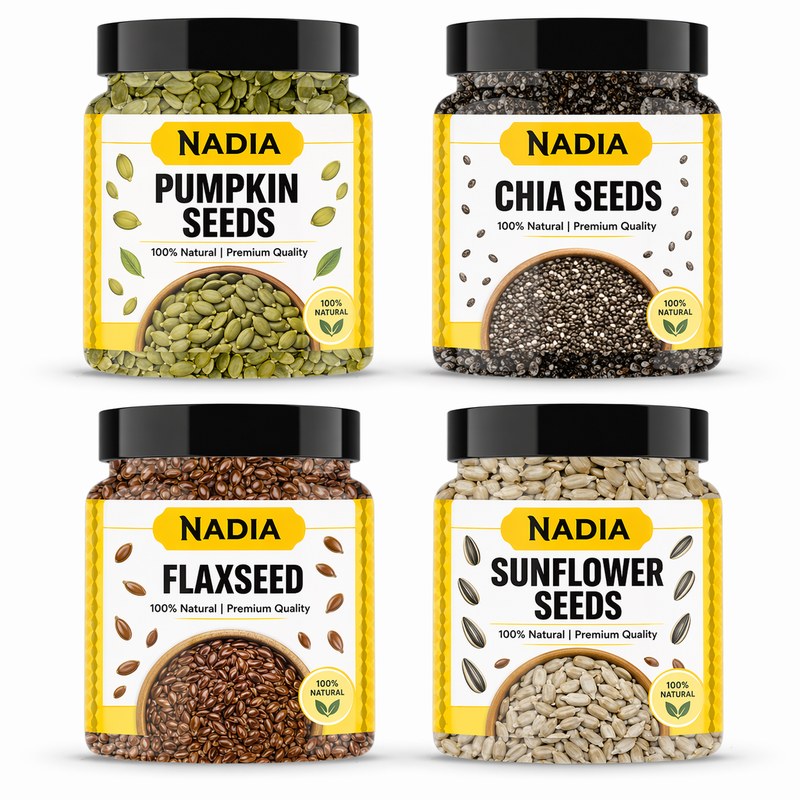 Raw Super Seeds Combo Pack 4 × 250 GM (Total 1000 GM) | Pumpkin Seeds, Chia Seeds, Brown Flax Seeds, Sunflower Seeds (4 × 250 gm)